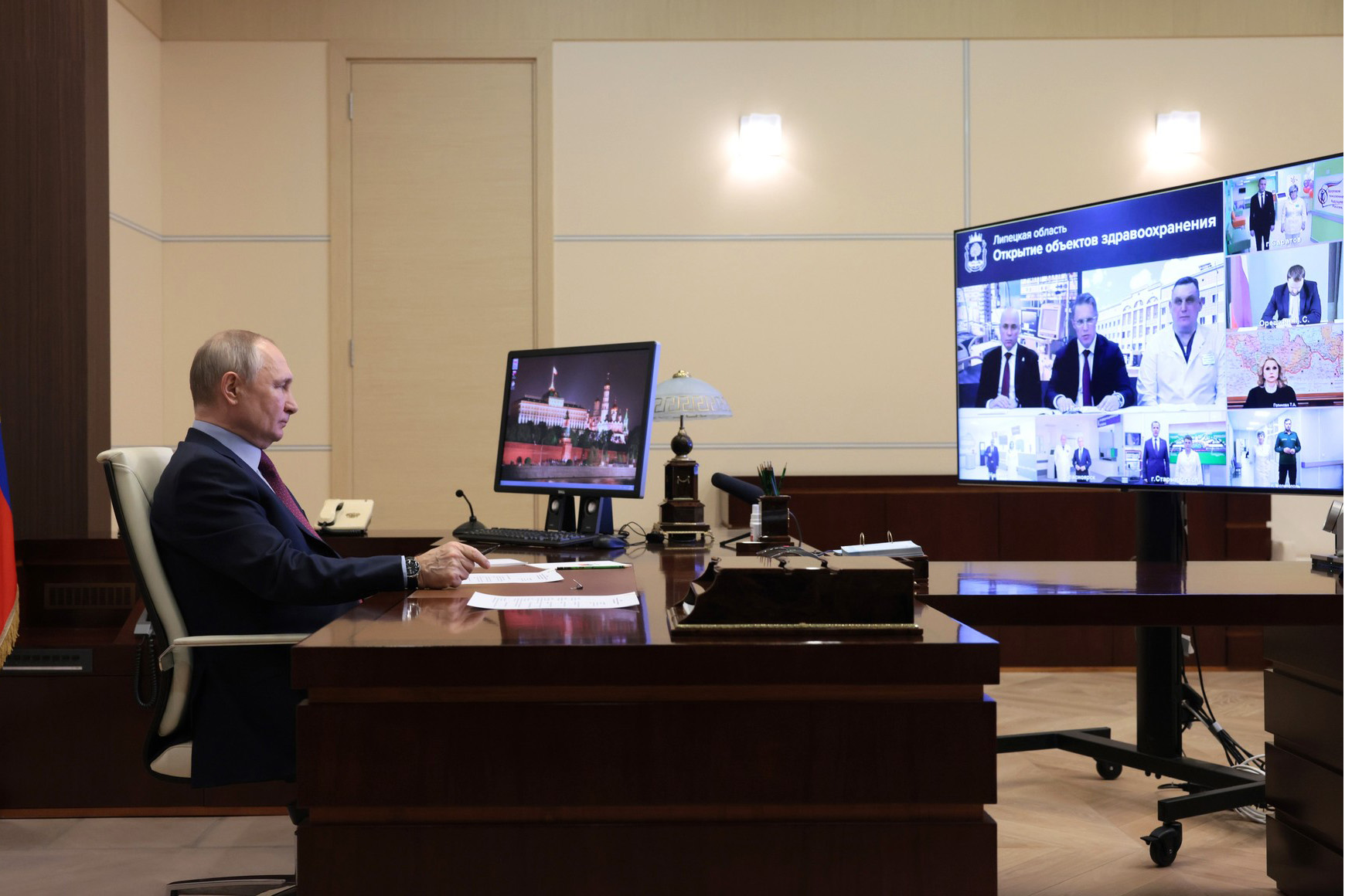 15 февраля 2023 года. Московская область, Ново-Огарёво. Открытие объектов здравоохранения (в режиме видеоконференции). Фото: пресс-служба Президента РФ kremlin.ru